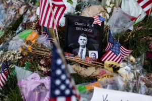 An image of slain conservative commentator Charlie Kirk is placed at a memorial in his honour, at Utah Valley University in Orem, Utah, U.S., September 29, 2025. REUTERS/Jim Urquhart
