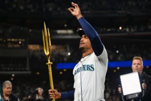 Oct 5, 2025; Seattle, Washington, USA; Seattle Mariners center fielder Julio Rodriguez (44) celebrates after defeating the Detroit Tigers in game two of the ALDS round for the 2025 MLB playoffs at T-Mobile Park. Mandatory Credit: Steven Bisig-Imagn Images