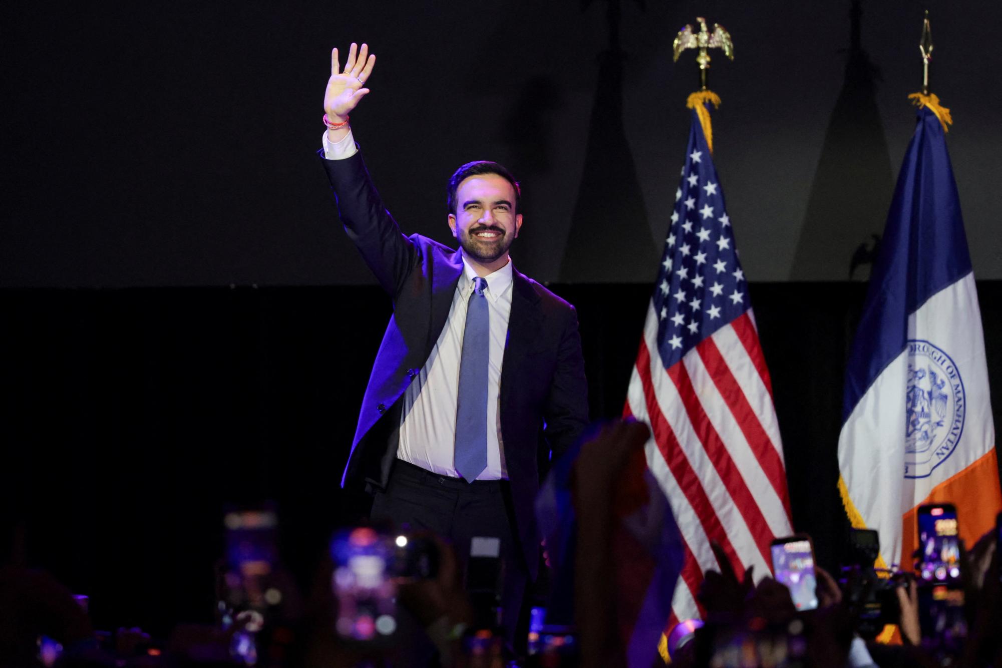 Democratic candidate for New York City mayor Zohran Mamdani reacts after winning the 2025 New York City Mayoral race, at an election night rally in the Brooklyn borough of New York City, New York, U.S., November 4, 2025. REUTERS/Jeenah Moon