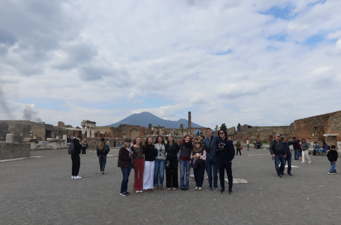 The group in Pompeii in front of Mt. Vesuvius. (L to R) Ms. Cunningham, Mary Bartolino, Abby Roth, Juliana Crisalli, Brooke Vella, Sophia Weiland, Ms. Anderson, Turner Ashby, and Sebastian Valdes 