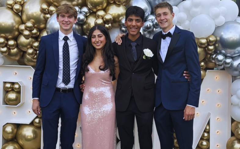 Junior senators at prom (left to right: Caden Huckelbridge, Tara Ghafouri, Niyam Patel, Turner Ashby)